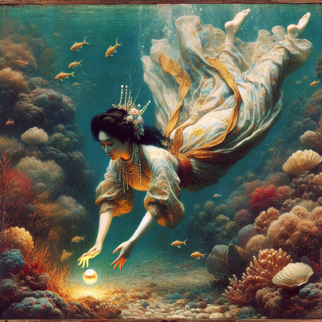 woman reaching for a glowing pearl underwater