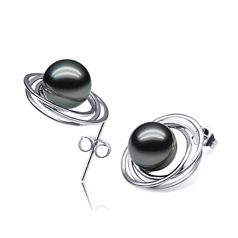 9-10mm AAA Quality Tahitian Cultured Pearl Earring Pair in Triple Circle Stud Black