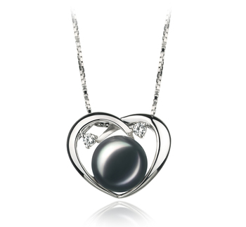 9-10mm AA Quality Freshwater Cultured Pearl Pendant in Katie Heart Black