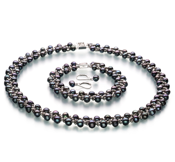 6-7mm A Quality Freshwater Cultured Pearl Set in Weave Black 6-7mm A Quality Freshwater Cultured Pearl Set in Weave Black